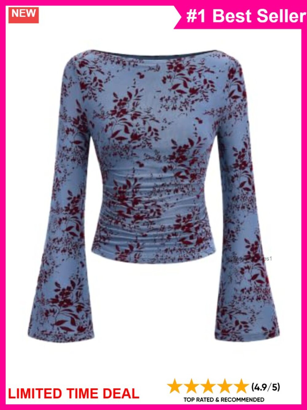 Bell Sleeve Floral Mesh Crop Top Ruching Boat Neck Blouse